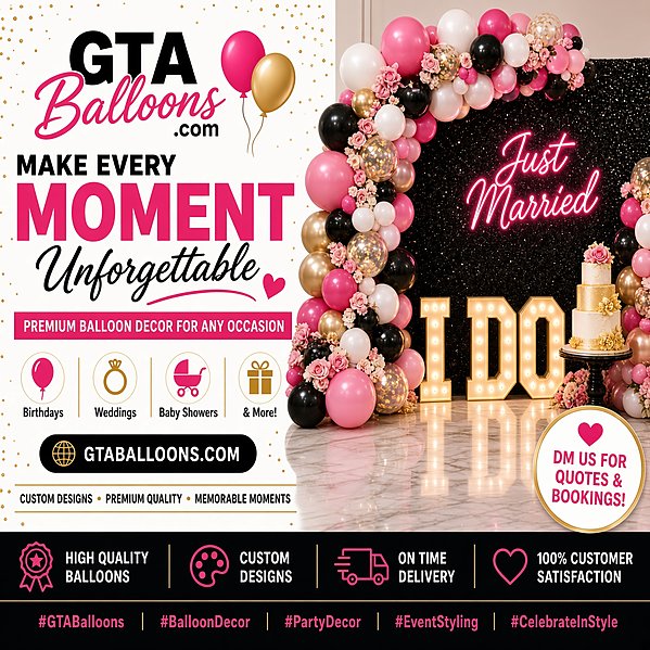 GTA Balloons wedding décor with pink, black and gold balloons and illuminated I DO letters